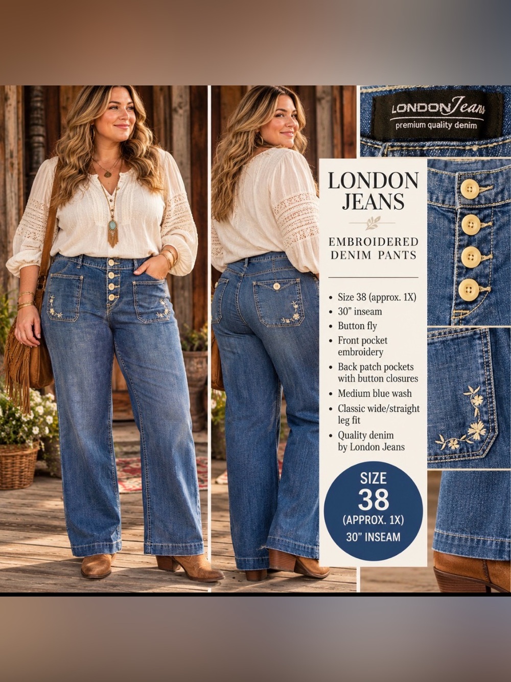 LONDONJEAN -1X 38” waist- Denim Wide-Leg Jeans with Embroidered Patch Pockets